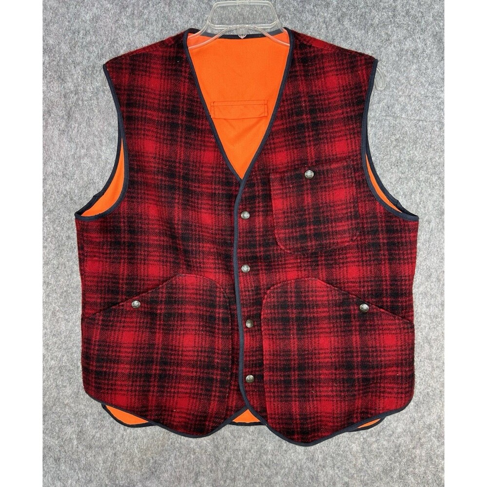 Vintage Woolrich Vest Men’s Size L Red Plaid Reversible Orange Hunting 90s